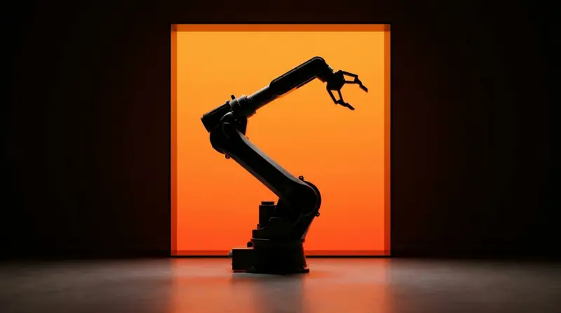 KI-Video — Roboterarm vor orange Hintergrund